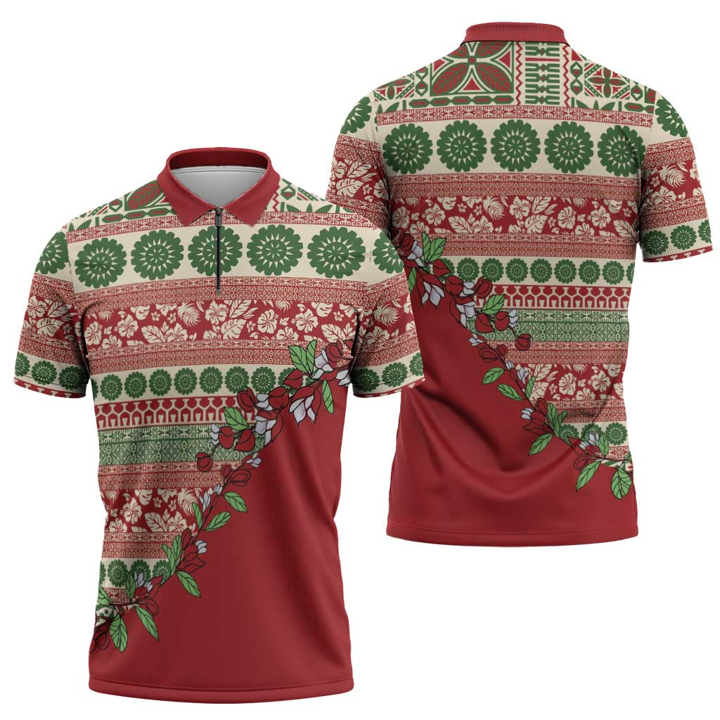 Fiji Marau na Kerisimasi Zipper Polo Shirt Red Tagimoucia Tapa Masi Tribal - Polynesian Pride