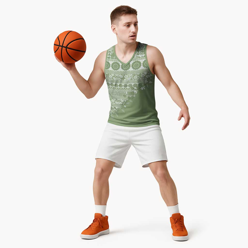 Fiji Marau na Kerisimasi Basketball Jersey Sage Green Tagimoucia Tapa Masi Tribal - Polynesian Pride