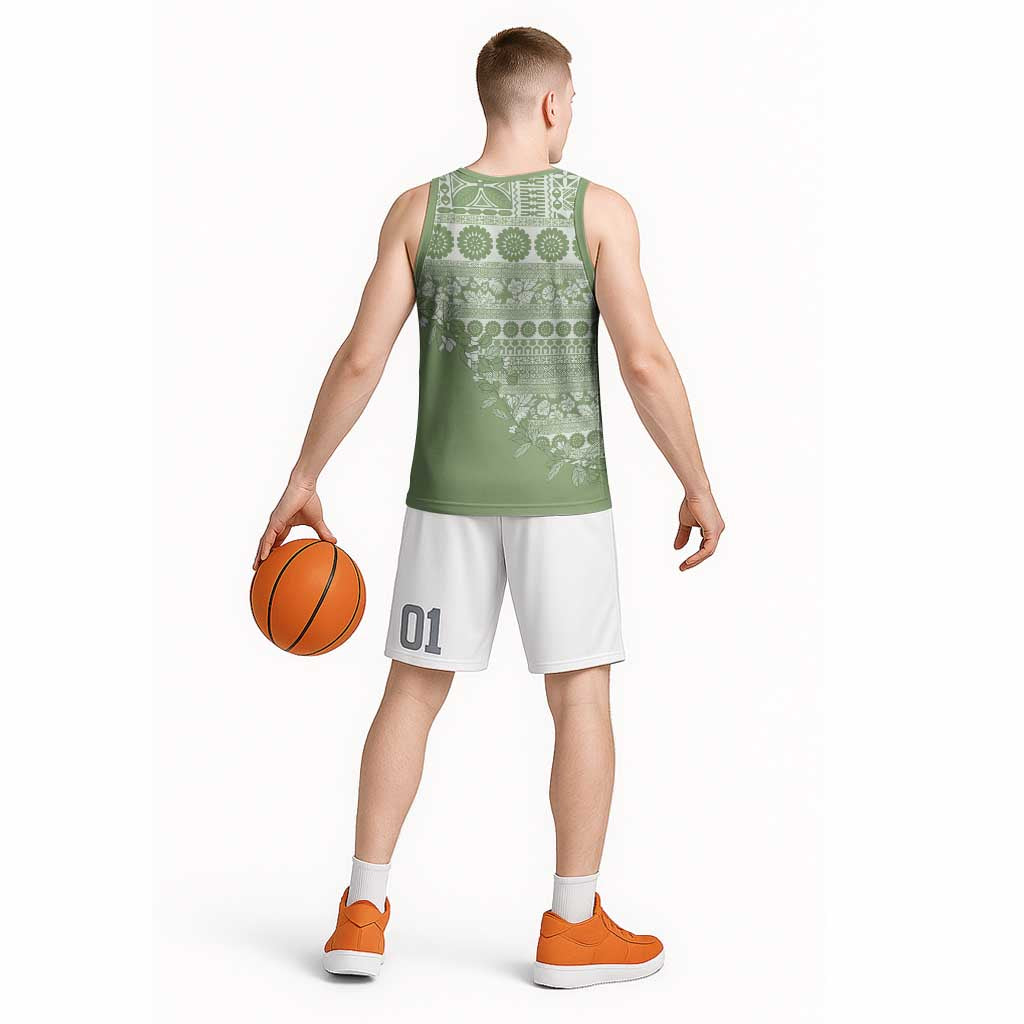 Fiji Marau na Kerisimasi Basketball Jersey Sage Green Tagimoucia Tapa Masi Tribal - Polynesian Pride