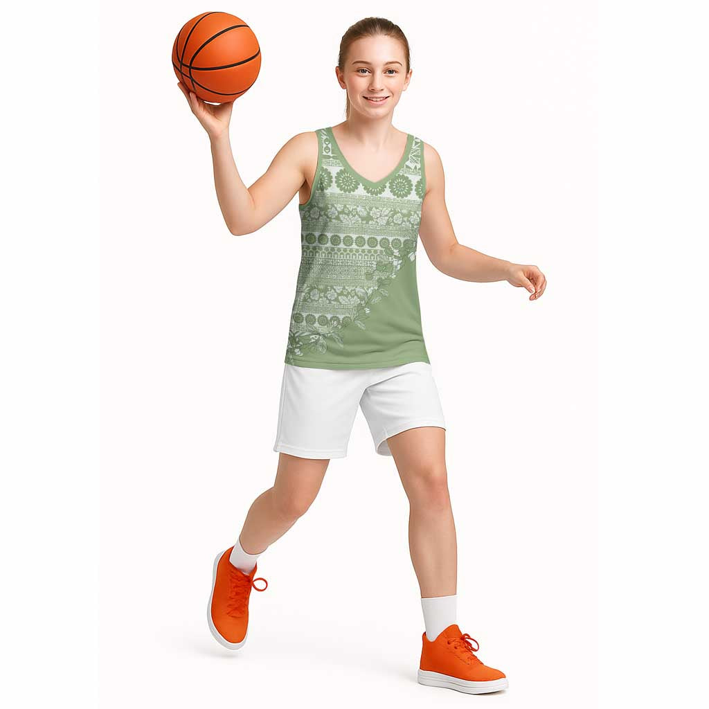 Fiji Marau na Kerisimasi Basketball Jersey Sage Green Tagimoucia Tapa Masi Tribal - Polynesian Pride