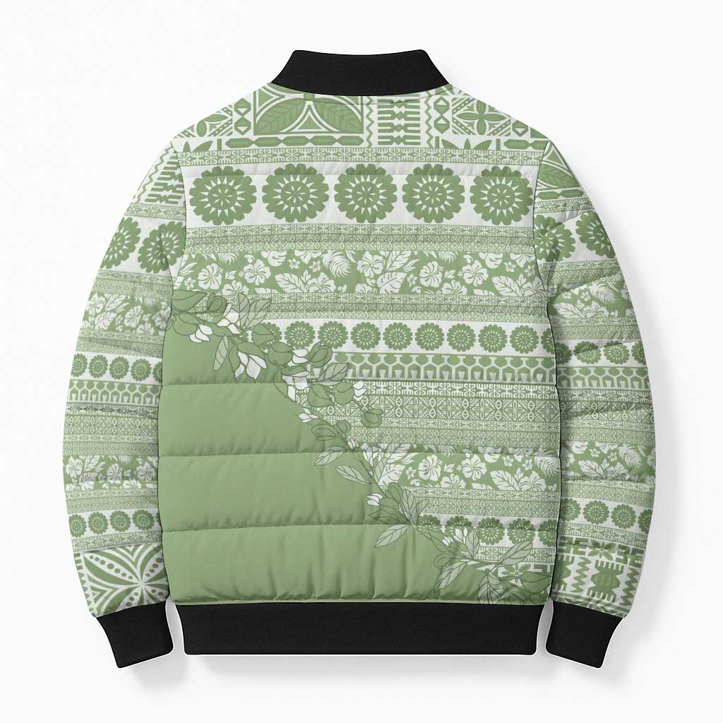 Fiji Marau na Kerisimasi Bomber Puffer Jacket Sage Green Tagimoucia Tapa Masi Tribal LT9 - Polynesian Pride