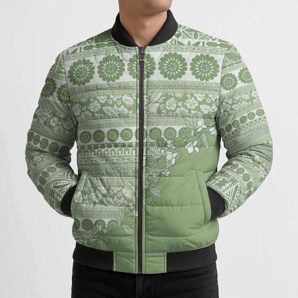 Fiji Marau na Kerisimasi Bomber Puffer Jacket Sage Green Tagimoucia Tapa Masi Tribal LT9 - Polynesian Pride
