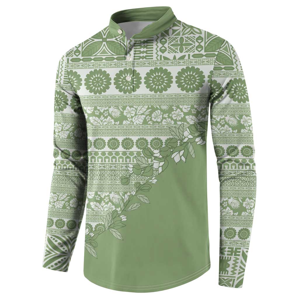 Fiji Marau na Kerisimasi Button Sweatshirt Sage Green Tagimoucia Tapa Masi Tribal LT9 - Polynesian Pride