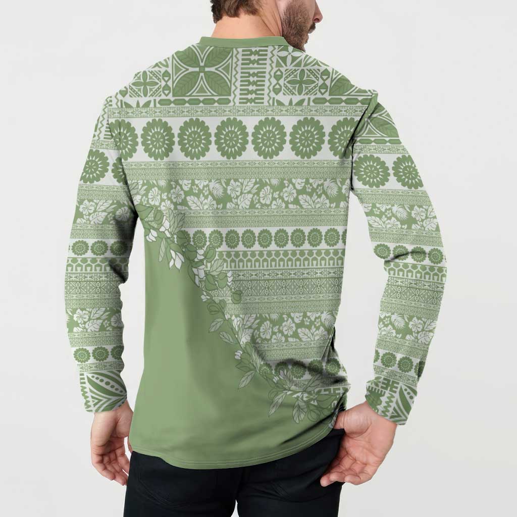 Fiji Marau na Kerisimasi Button Sweatshirt Sage Green Tagimoucia Tapa Masi Tribal LT9 - Polynesian Pride