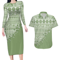 Fiji Marau na Kerisimasi Couples Matching Long Sleeve Bodycon Dress and Hawaiian Shirt Sage Green Tagimoucia Tapa Masi Tribal - Polynesian Pride