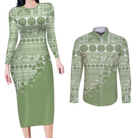 Fiji Marau na Kerisimasi Couples Matching Long Sleeve Bodycon Dress and Long Sleeve Button Shirt Sage Green Tagimoucia Tapa Masi Tribal - Polynesian Pride