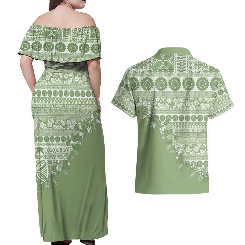 Fiji Marau na Kerisimasi Couples Matching Off Shoulder Maxi Dress and Hawaiian Shirt Sage Green Tagimoucia Tapa Masi Tribal - Polynesian Pride