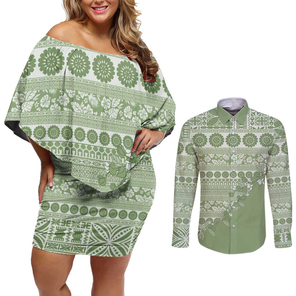Fiji Marau na Kerisimasi Couples Matching Off Shoulder Short Dress and Long Sleeve Button Shirt Sage Green Tagimoucia Tapa Masi Tribal - Polynesian Pride