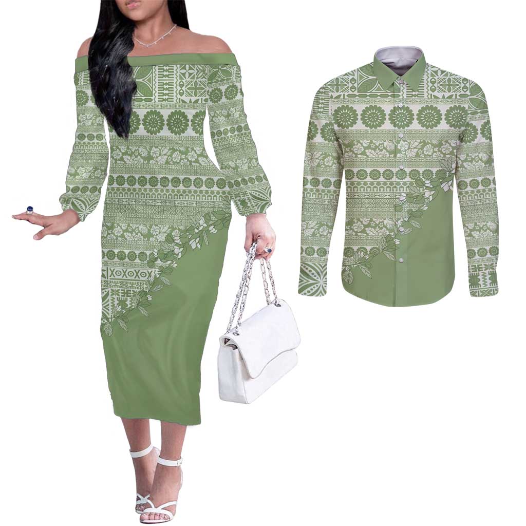 Fiji Marau na Kerisimasi Couples Matching Off The Shoulder Long Sleeve Dress and Long Sleeve Button Shirt Sage Green Tagimoucia Tapa Masi Tribal - Polynesian Pride