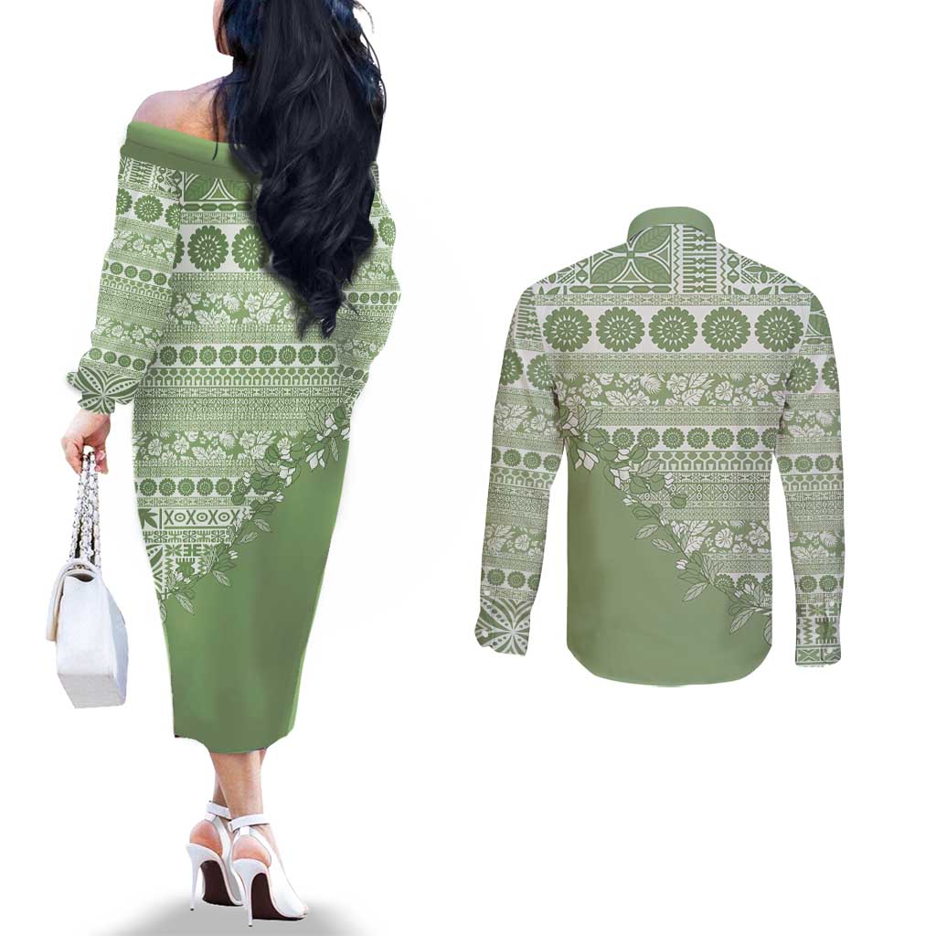 Fiji Marau na Kerisimasi Couples Matching Off The Shoulder Long Sleeve Dress and Long Sleeve Button Shirt Sage Green Tagimoucia Tapa Masi Tribal - Polynesian Pride