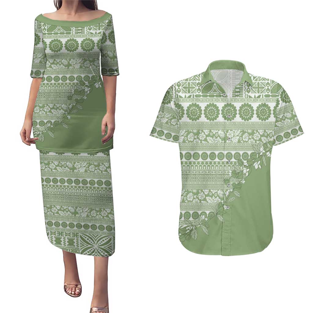 Fiji Marau na Kerisimasi Couples Matching Puletasi and Hawaiian Shirt Sage Green Tagimoucia Tapa Masi Tribal - Polynesian Pride