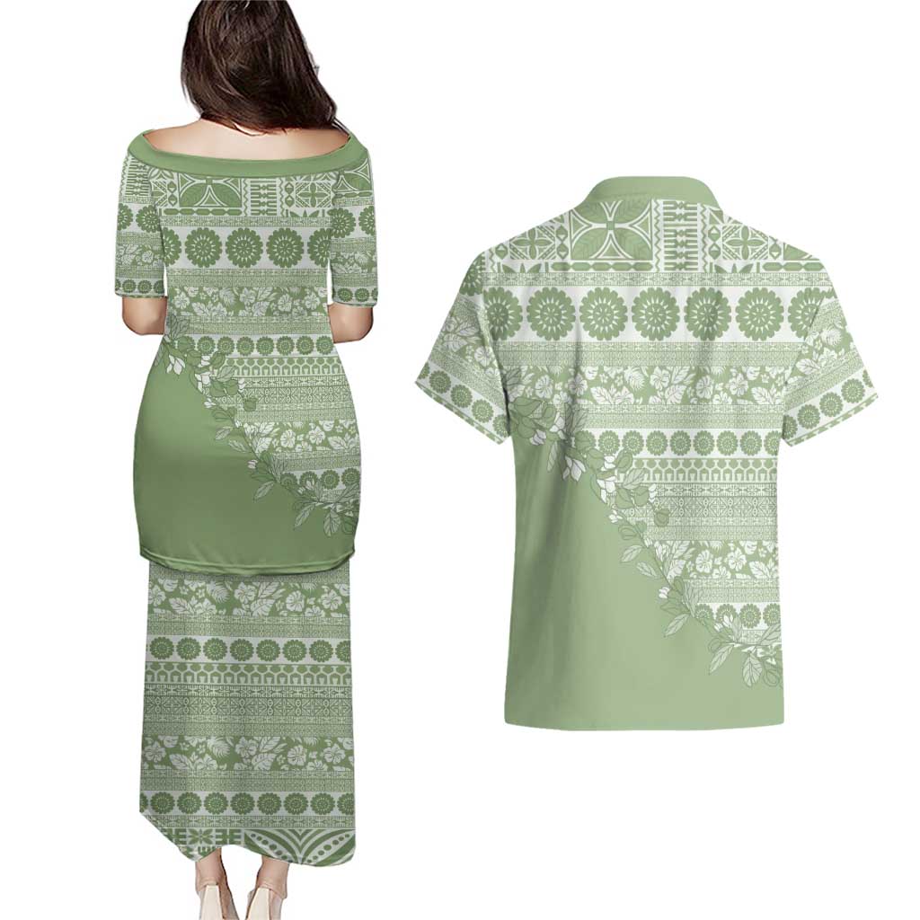 Fiji Marau na Kerisimasi Couples Matching Puletasi and Hawaiian Shirt Sage Green Tagimoucia Tapa Masi Tribal - Polynesian Pride