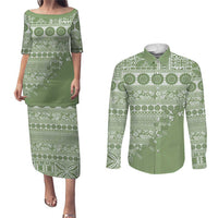 Fiji Marau na Kerisimasi Couples Matching Puletasi and Long Sleeve Button Shirt Sage Green Tagimoucia Tapa Masi Tribal - Polynesian Pride