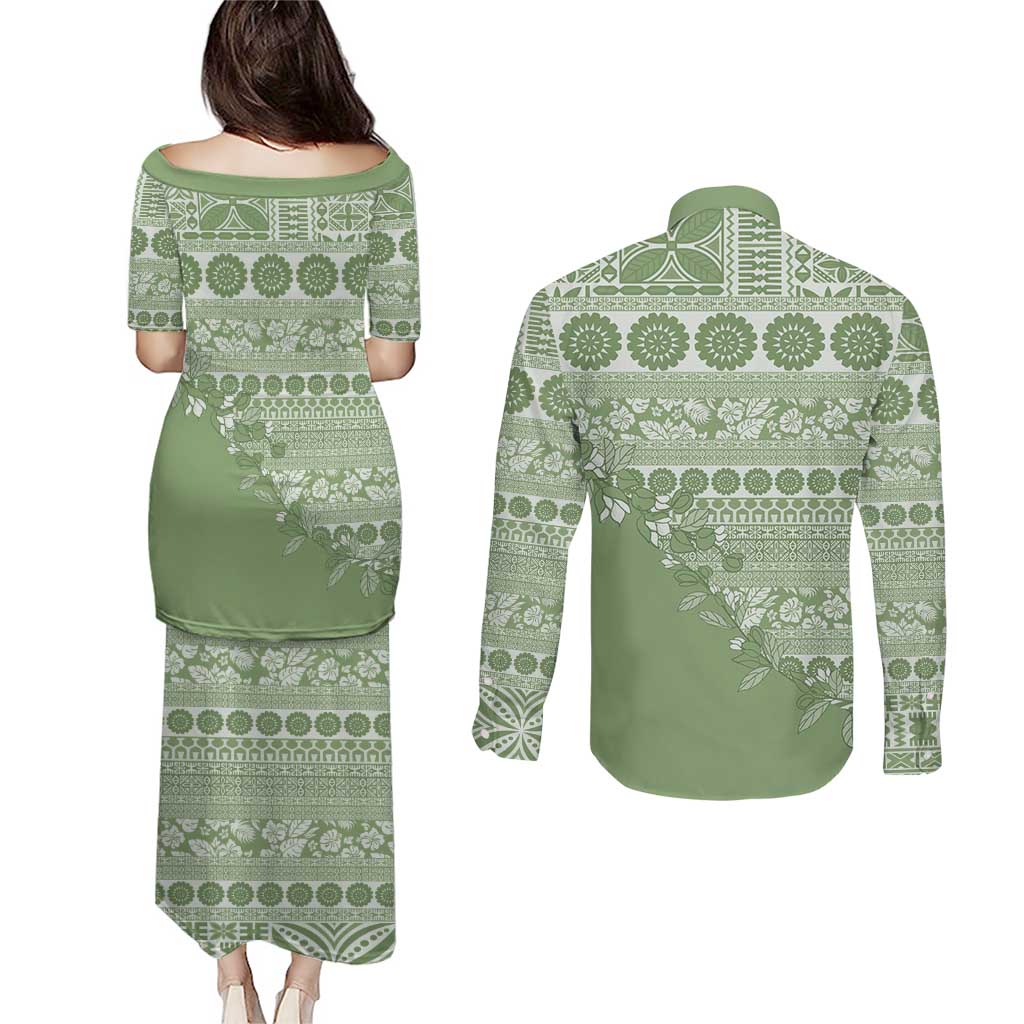 Fiji Marau na Kerisimasi Couples Matching Puletasi and Long Sleeve Button Shirt Sage Green Tagimoucia Tapa Masi Tribal - Polynesian Pride