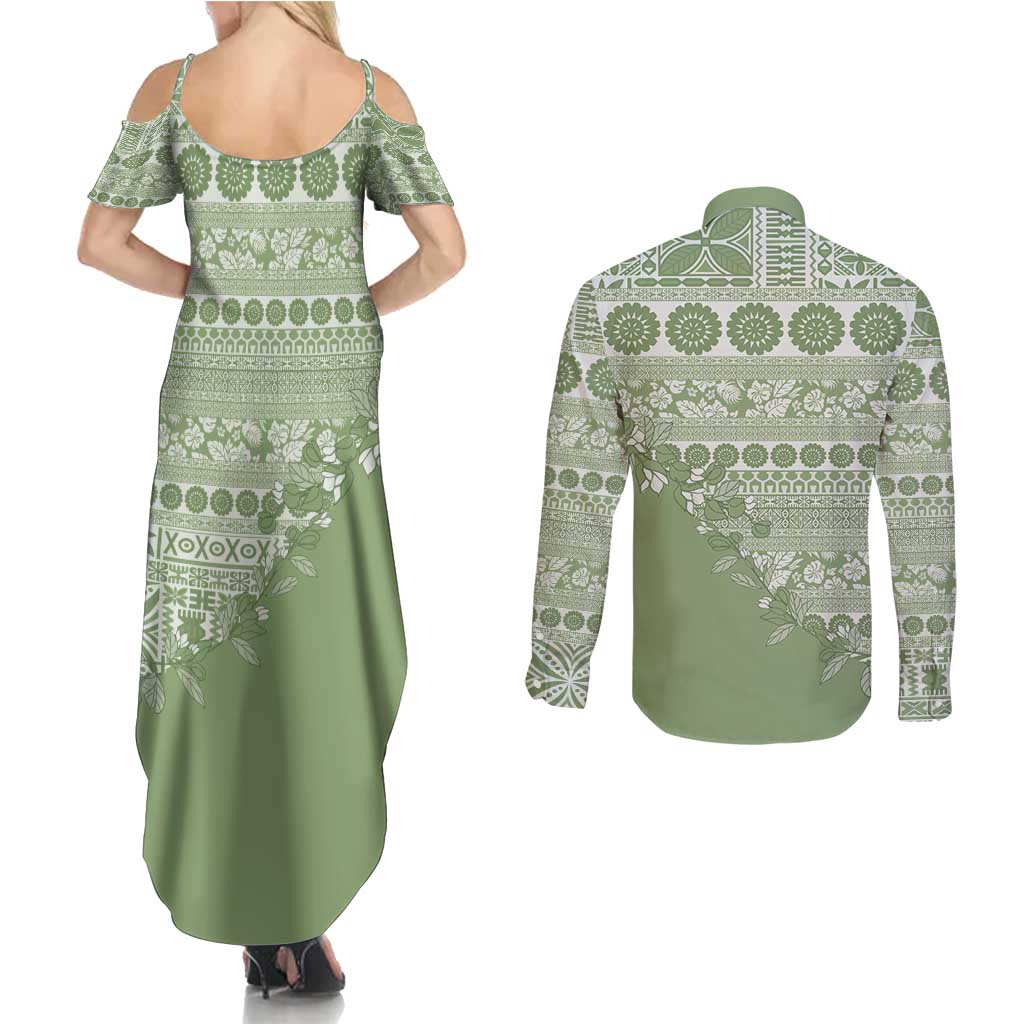 Fiji Marau na Kerisimasi Couples Matching Summer Maxi Dress and Long Sleeve Button Shirt Sage Green Tagimoucia Tapa Masi Tribal - Polynesian Pride