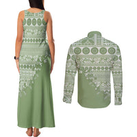 Fiji Marau na Kerisimasi Couples Matching Tank Maxi Dress and Long Sleeve Button Shirt Sage Green Tagimoucia Tapa Masi Tribal - Polynesian Pride