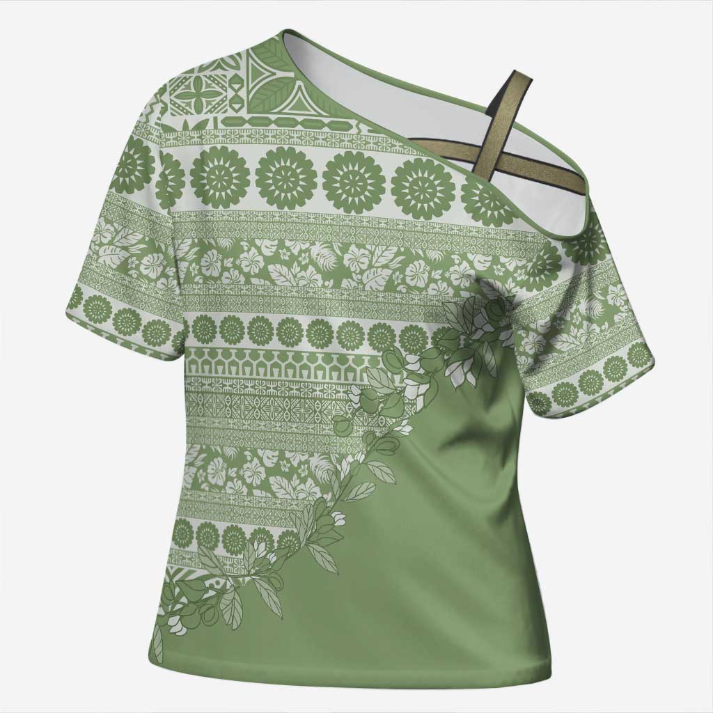 Fiji Marau na Kerisimasi Cross Shoulder Shirt Sage Green Tagimoucia Tapa Masi Tribal LT9 Female Green - Polynesian Pride