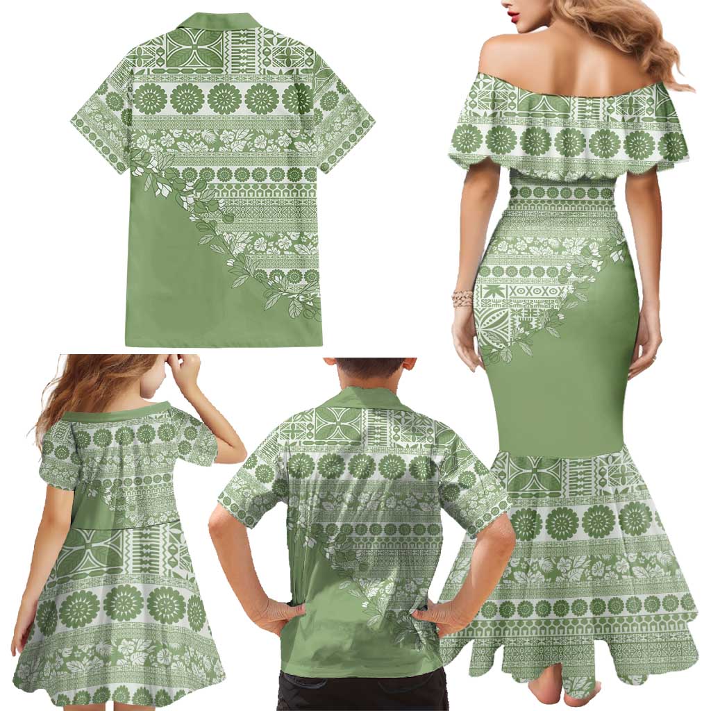 Fiji Marau na Kerisimasi Family Matching Mermaid Dress and Hawaiian Shirt Sage Green Tagimoucia Tapa Masi Tribal - Polynesian Pride