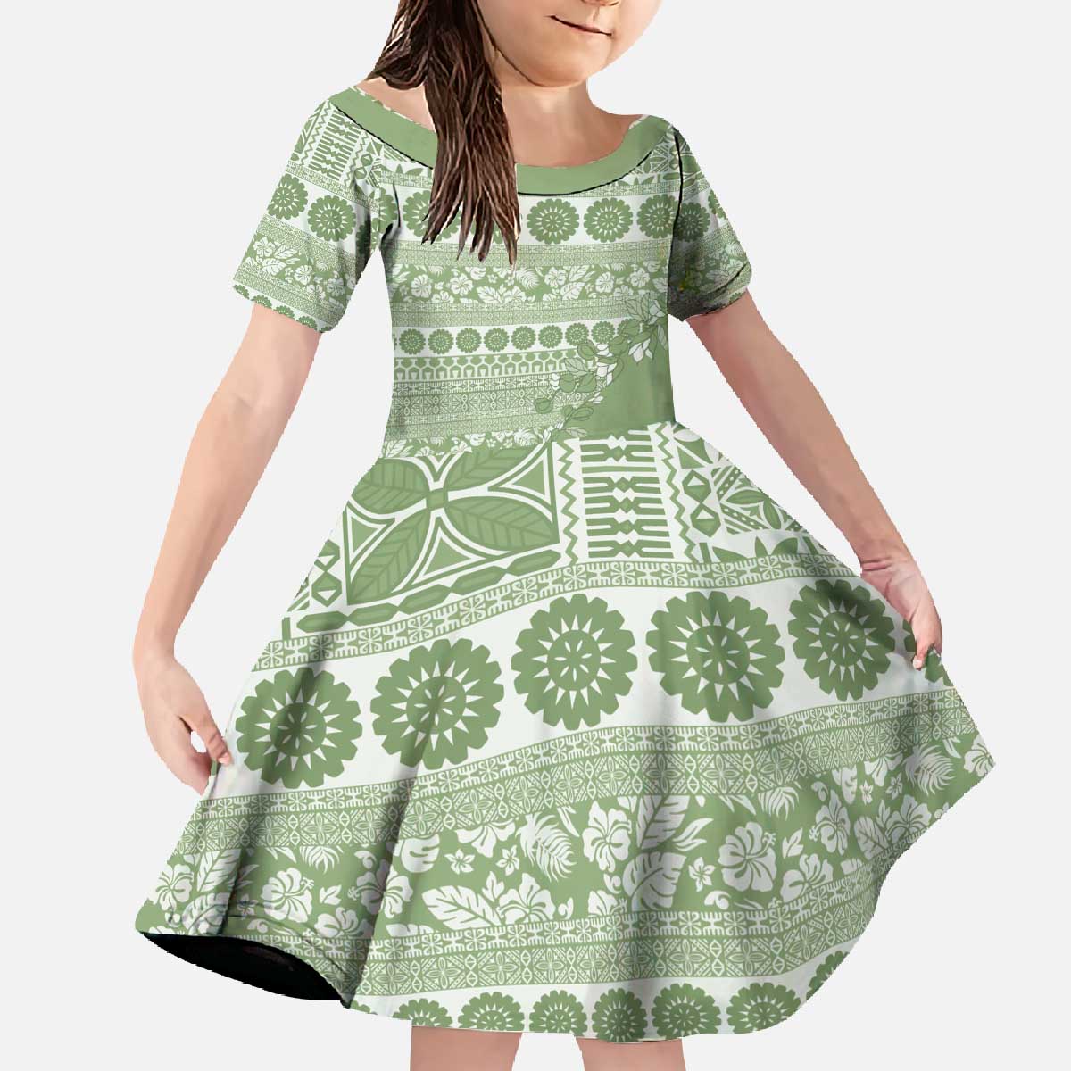 Fiji Marau na Kerisimasi Family Matching Off The Shoulder Long Sleeve Dress and Hawaiian Shirt Sage Green Tagimoucia Tapa Masi Tribal - Polynesian Pride