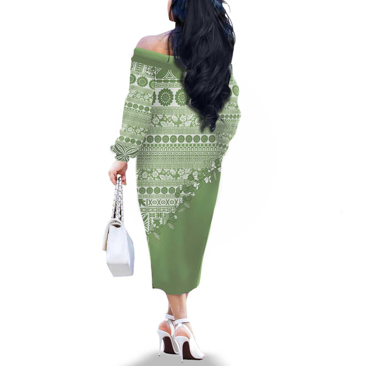 Fiji Marau na Kerisimasi Family Matching Off The Shoulder Long Sleeve Dress and Hawaiian Shirt Sage Green Tagimoucia Tapa Masi Tribal - Polynesian Pride