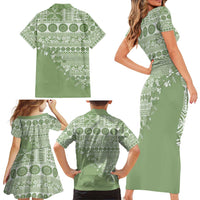 Fiji Marau na Kerisimasi Family Matching Short Sleeve Bodycon Dress and Hawaiian Shirt Sage Green Tagimoucia Tapa Masi Tribal - Polynesian Pride