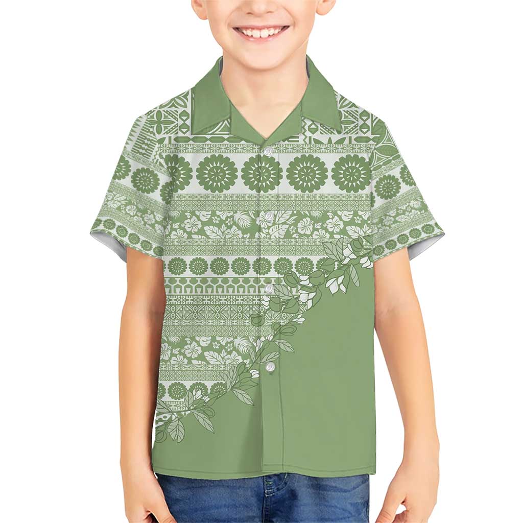 Fiji Marau na Kerisimasi Family Matching Short Sleeve Bodycon Dress and Hawaiian Shirt Sage Green Tagimoucia Tapa Masi Tribal - Polynesian Pride