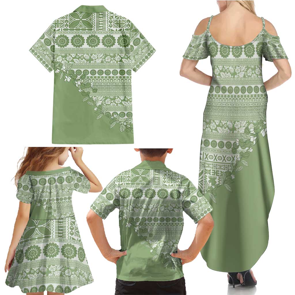 Fiji Marau na Kerisimasi Family Matching Summer Maxi Dress and Hawaiian Shirt Sage Green Tagimoucia Tapa Masi Tribal - Polynesian Pride