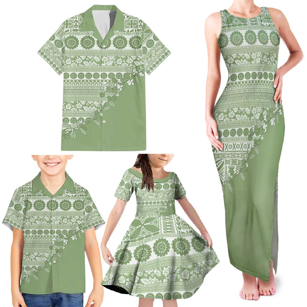 Fiji Marau na Kerisimasi Family Matching Tank Maxi Dress and Hawaiian Shirt Sage Green Tagimoucia Tapa Masi Tribal - Polynesian Pride