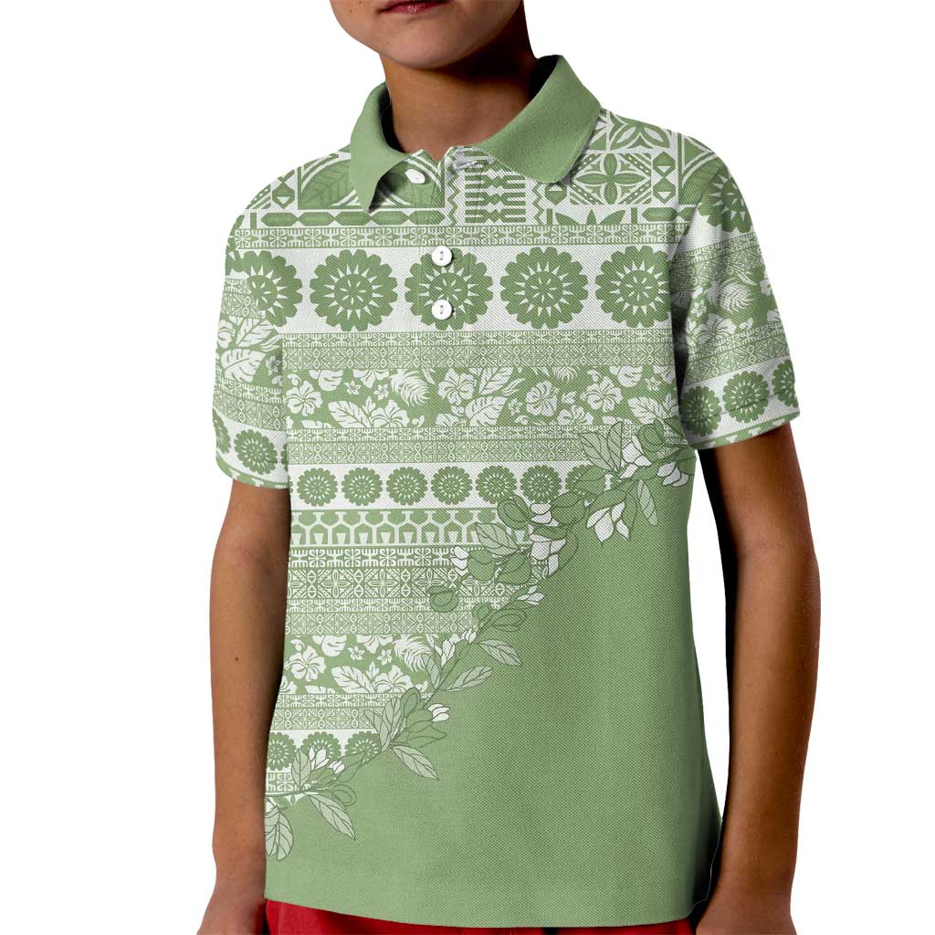 Fiji Marau na Kerisimasi Kid Polo Shirt Sage Green Tagimoucia Tapa Masi Tribal LT9 Kid Green - Polynesian Pride