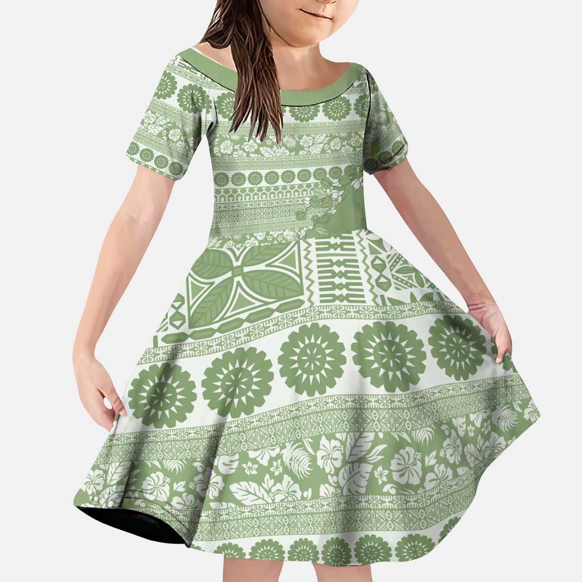 Fiji Marau na Kerisimasi Kid Short Sleeve Dress Sage Green Tagimoucia Tapa Masi Tribal LT9 KID Green - Polynesian Pride