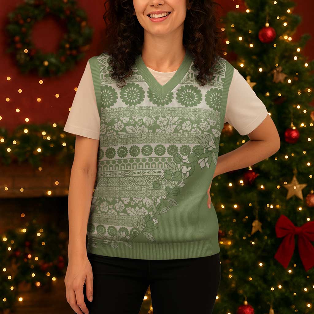 Fiji Marau na Kerisimasi Christmas Knitted V-Neck Vest Sage Green Tagimoucia Tapa Masi Tribal - Polynesian Pride