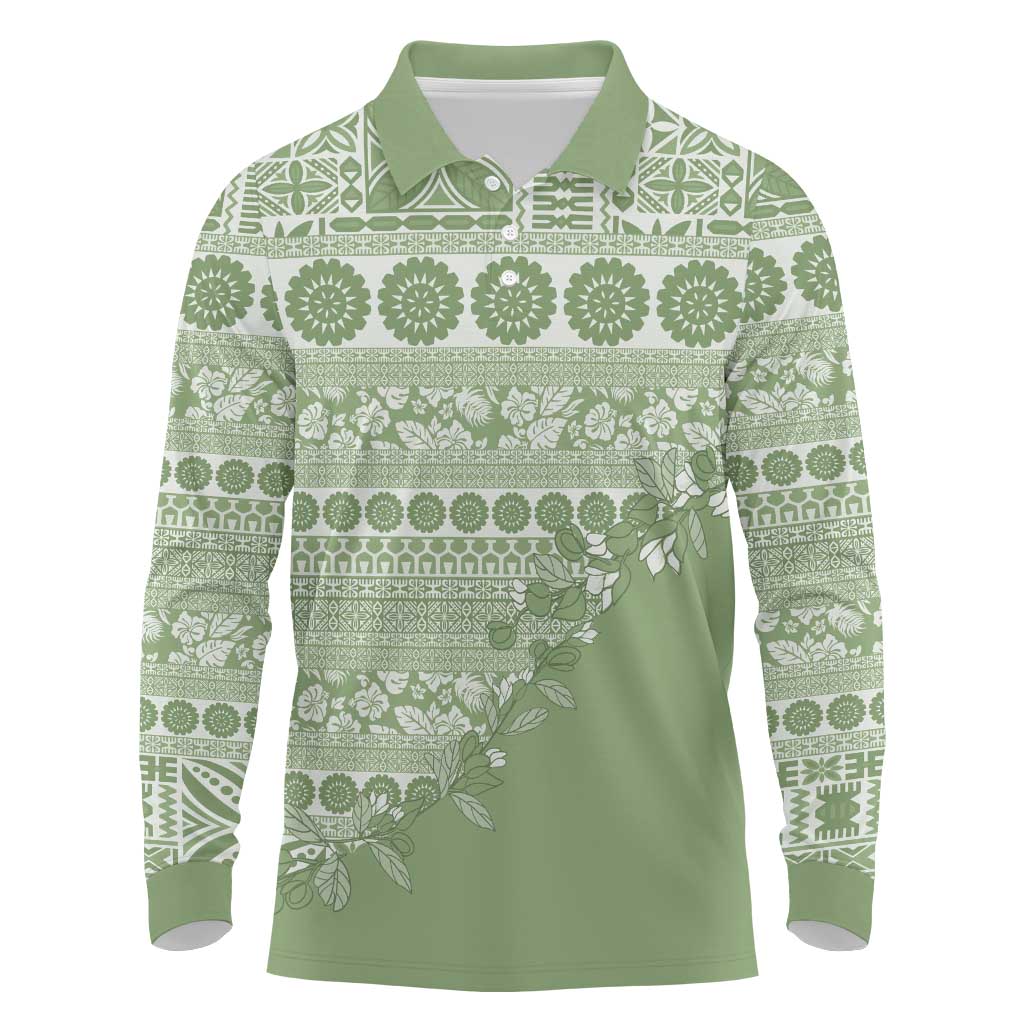 Fiji Marau na Kerisimasi Long Sleeve Polo Shirt Sage Green Tagimoucia Tapa Masi Tribal LT9 Green - Polynesian Pride