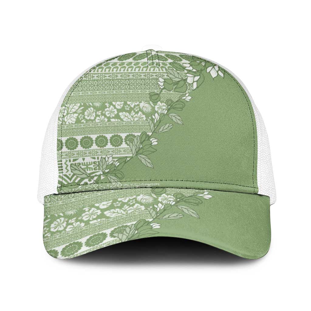 Fiji Marau na Kerisimasi Mesh Trucker Cap Sage Green Tagimoucia Tapa Masi Tribal - Polynesian Pride