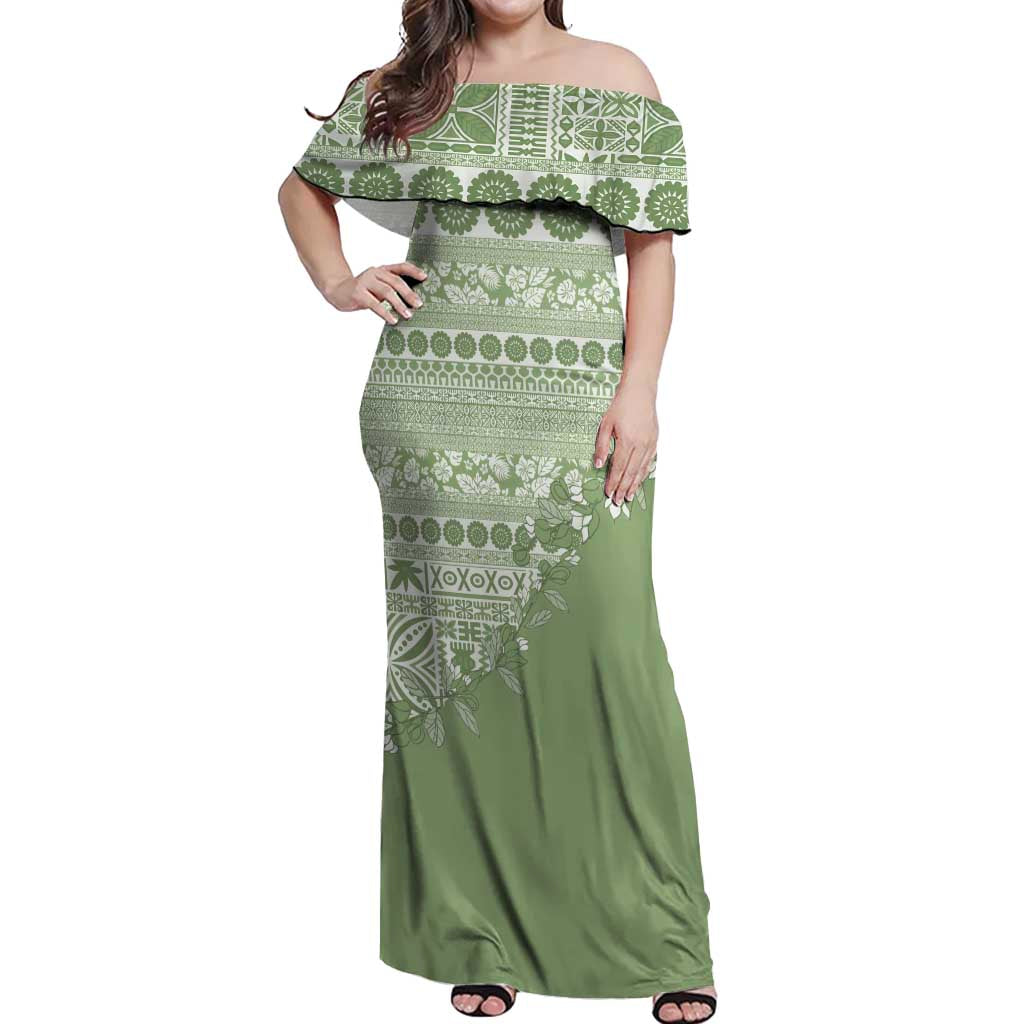 Fiji Marau na Kerisimasi Off Shoulder Maxi Dress Sage Green Tagimoucia Tapa Masi Tribal - Polynesian Pride