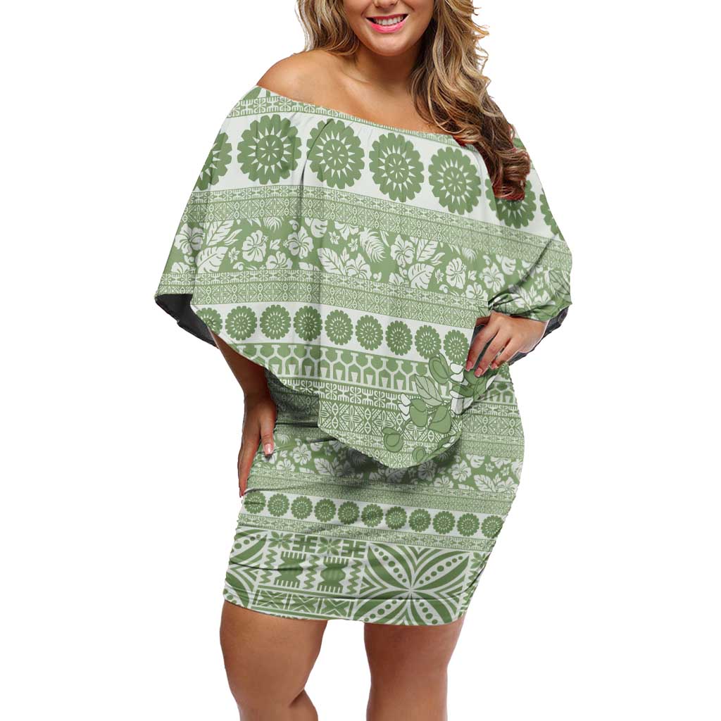 Fiji Marau na Kerisimasi Off Shoulder Short Dress Sage Green Tagimoucia Tapa Masi Tribal - Polynesian Pride
