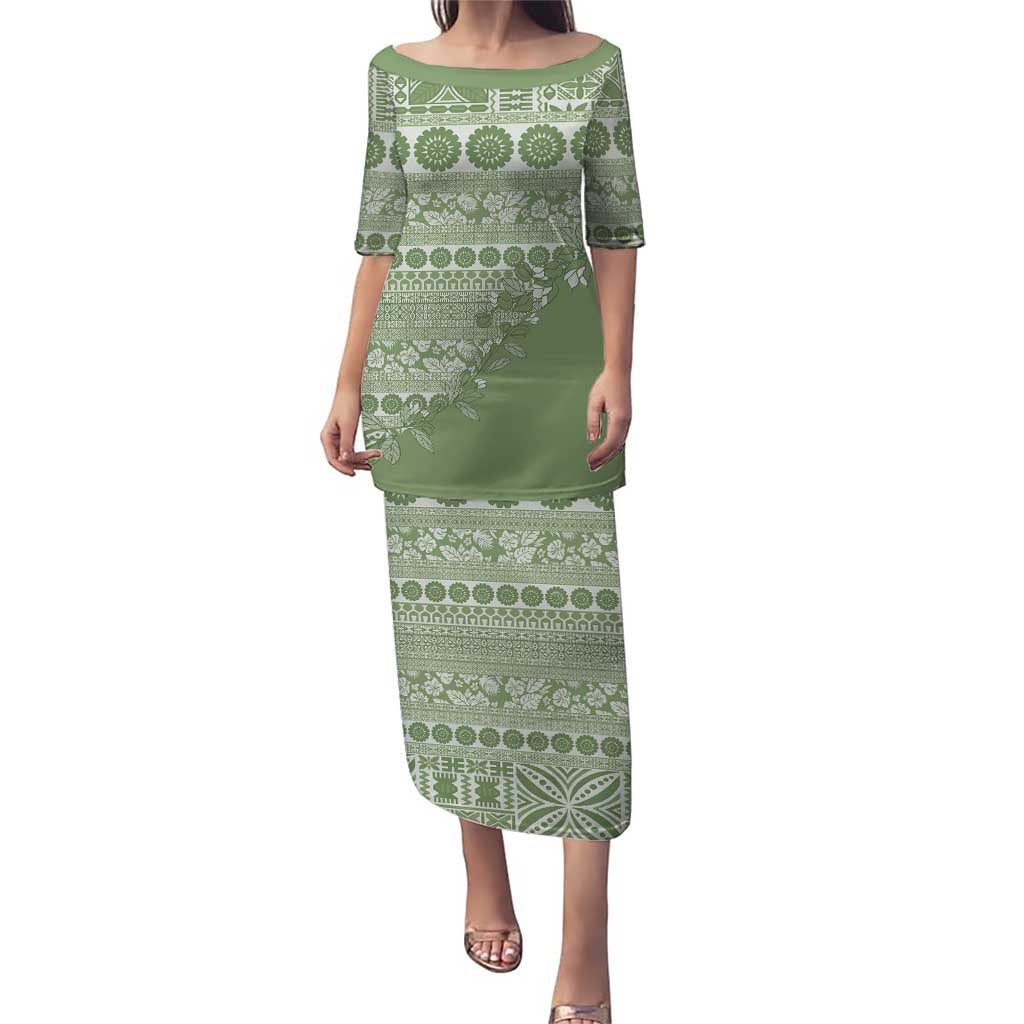 Fiji Marau na Kerisimasi Puletasi Sage Green Tagimoucia Tapa Masi Tribal - Polynesian Pride