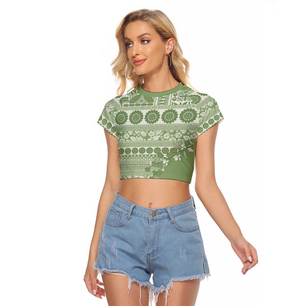Fiji Marau na Kerisimasi Raglan Cropped T Shirt Sage Green Tagimoucia Tapa Masi Tribal LT9 Female Green - Polynesian Pride