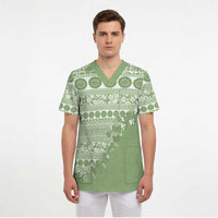 Fiji Marau na Kerisimasi Scrub Top Sage Green Tagimoucia Tapa Masi Tribal LT9 - Polynesian Pride