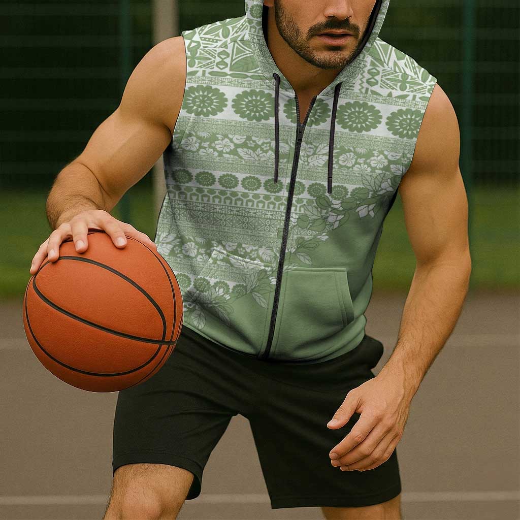 Fiji Marau na Kerisimasi Sleeveless Zip Hoodie Sage Green Tagimoucia Tapa Masi Tribal - Polynesian Pride