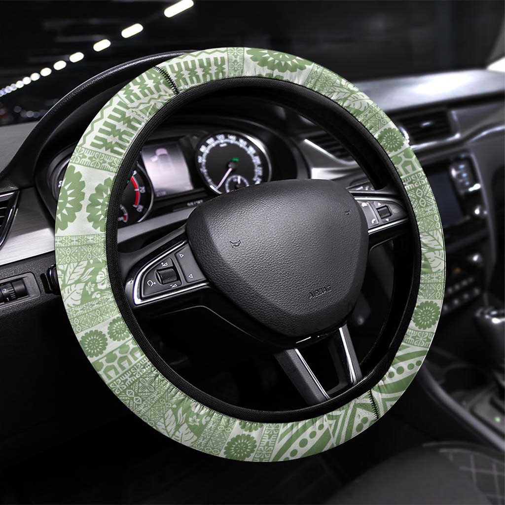 Fiji Marau na Kerisimasi Steering Wheel Cover Sage Green Tagimoucia Tapa Masi Tribal LT9 Universal Fit Green - Polynesian Pride