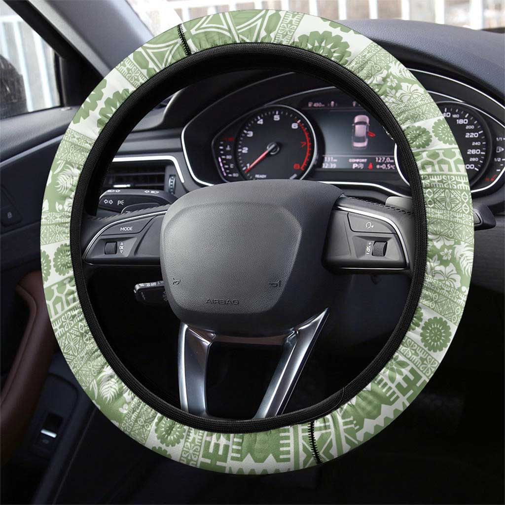 Fiji Marau na Kerisimasi Steering Wheel Cover Sage Green Tagimoucia Tapa Masi Tribal LT9 - Polynesian Pride