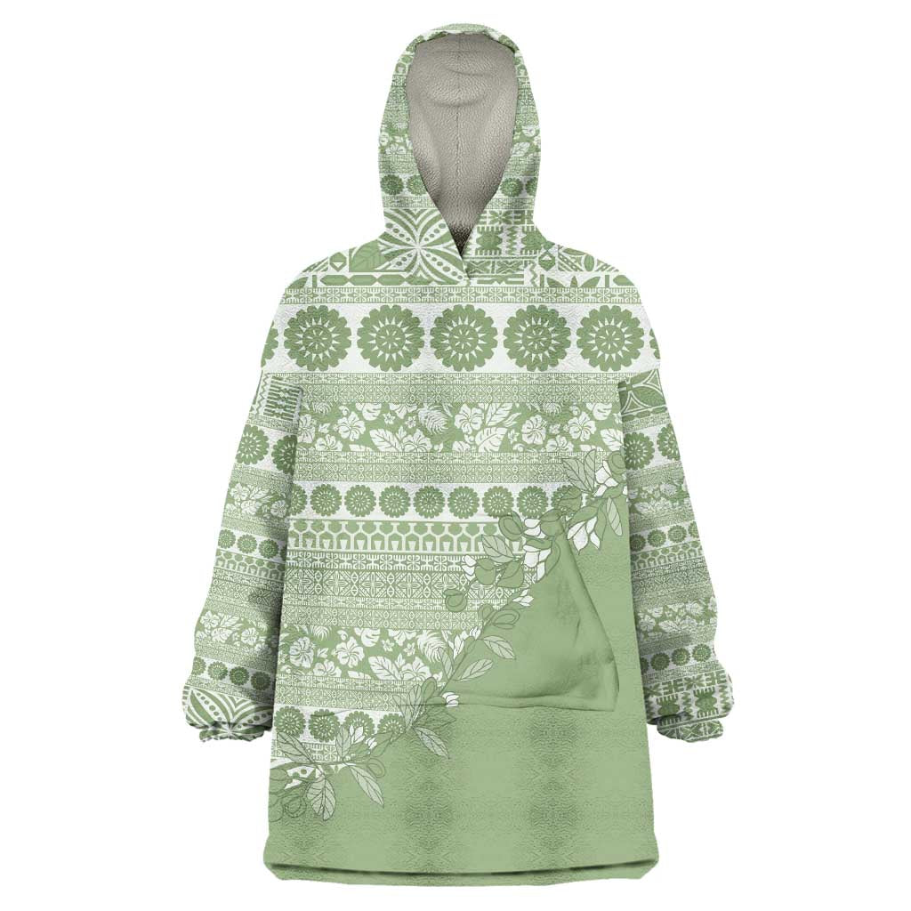 Fiji Marau na Kerisimasi Wearable Blanket Hoodie Sage Green Tagimoucia Tapa Masi Tribal - Polynesian Pride