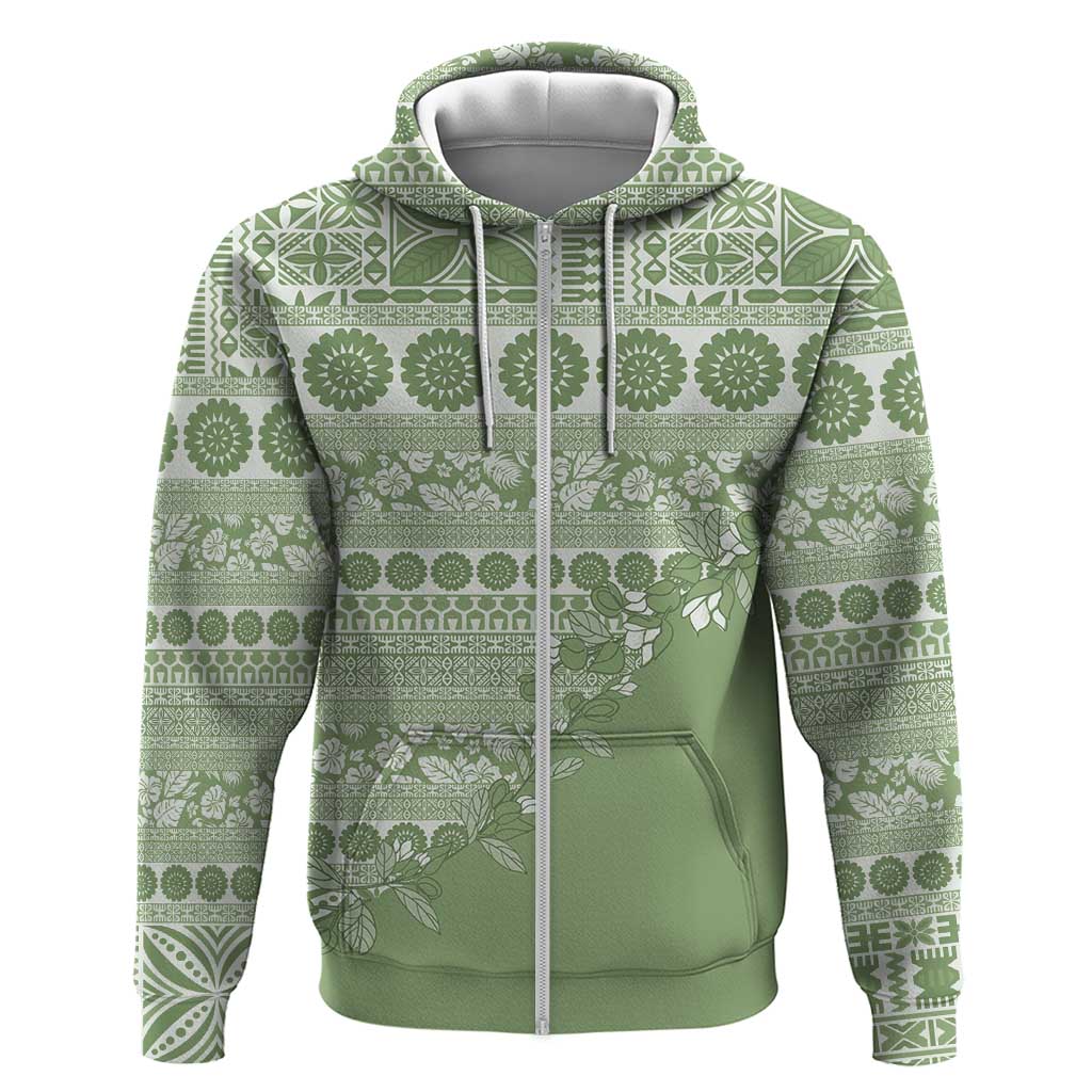 Fiji Marau na Kerisimasi Zip Hoodie Sage Green Tagimoucia Tapa Masi Tribal LT9 Zip Hoodie Green - Polynesian Pride