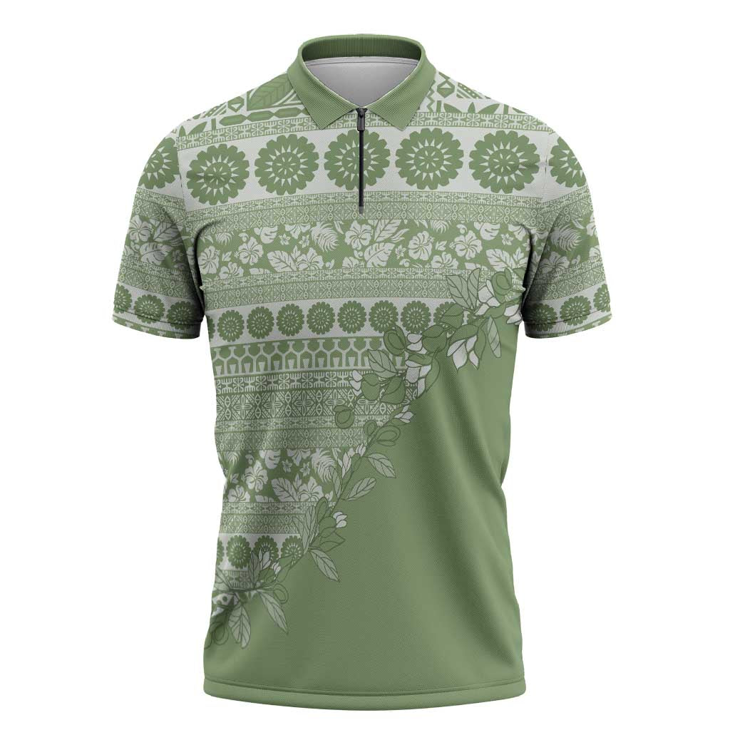 Fiji Marau na Kerisimasi Zipper Polo Shirt Sage Green Tagimoucia Tapa Masi Tribal LT9 Green - Polynesian Pride