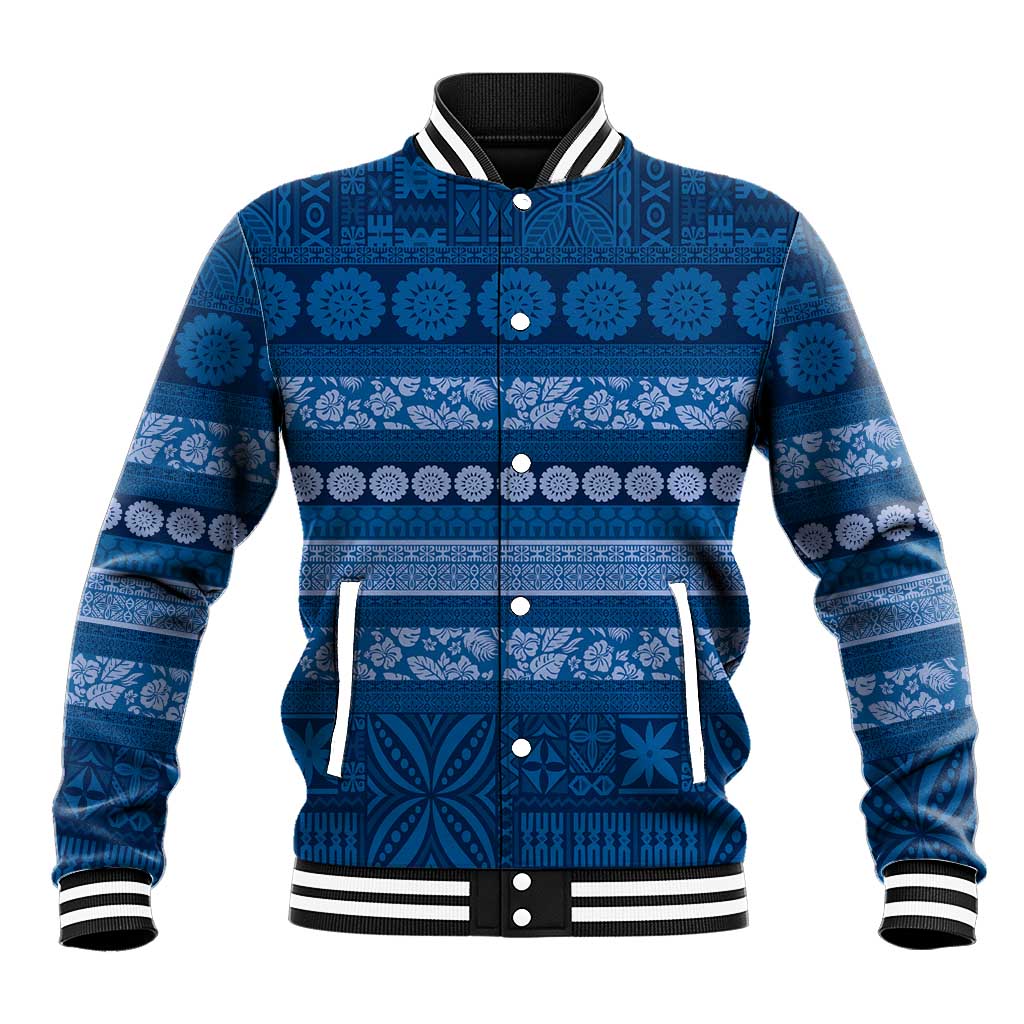 Fiji Marau na Kerisimasi Baseball Jacket Blue Tapa Masi Inspired Christmas LT9 Unisex Blue - Polynesian Pride