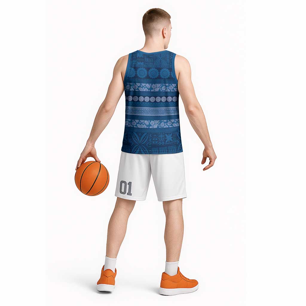 Fiji Marau na Kerisimasi Basketball Jersey Blue Tapa Masi Inspired Christmas LT9 - Polynesian Pride