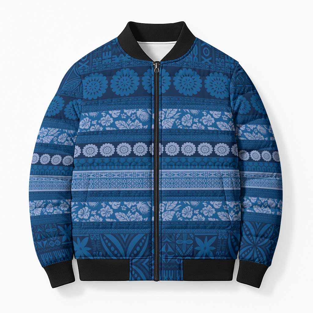 Fiji Marau na Kerisimasi Bomber Puffer Jacket Blue Tapa Masi Inspired Christmas LT9 Unisex Blue - Polynesian Pride