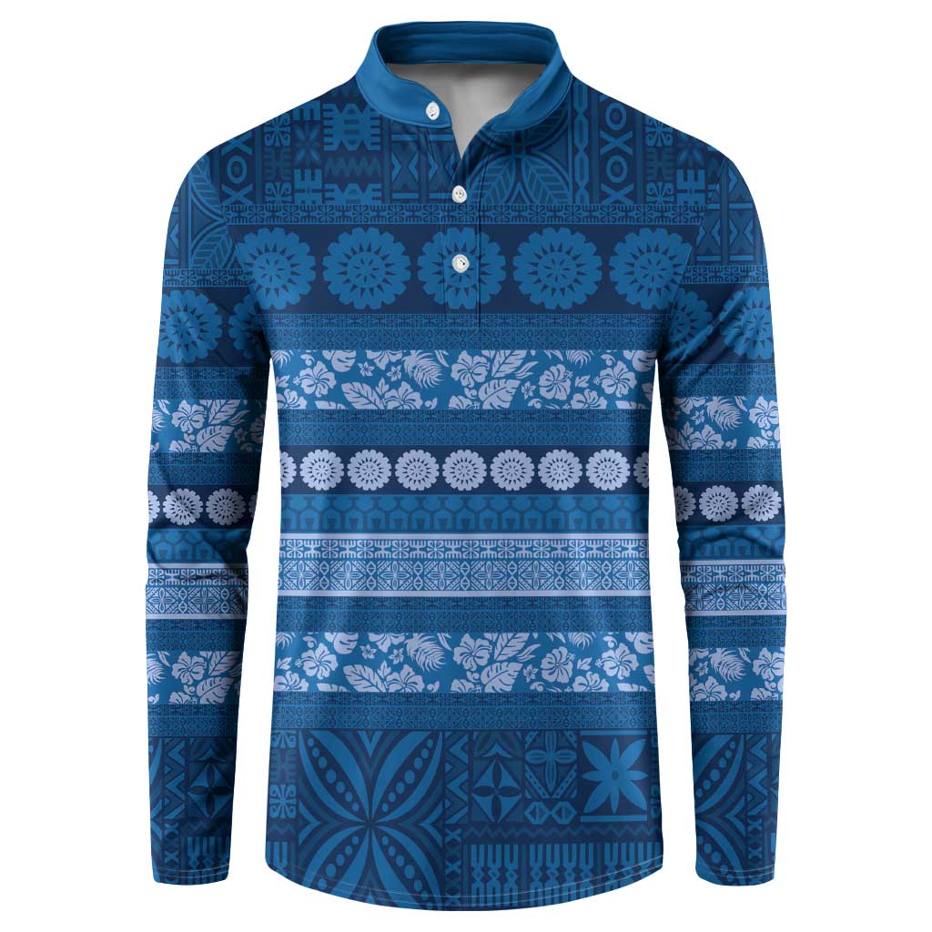 Fiji Marau na Kerisimasi Button Sweatshirt Blue Tapa Masi Inspired Christmas LT9 Blue - Polynesian Pride