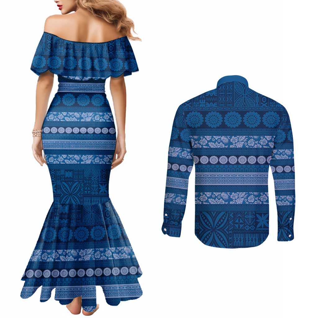 Fiji Marau na Kerisimasi Couples Matching Mermaid Dress and Long Sleeve Button Shirt Blue Tapa Masi Inspired Christmas - Polynesian Pride