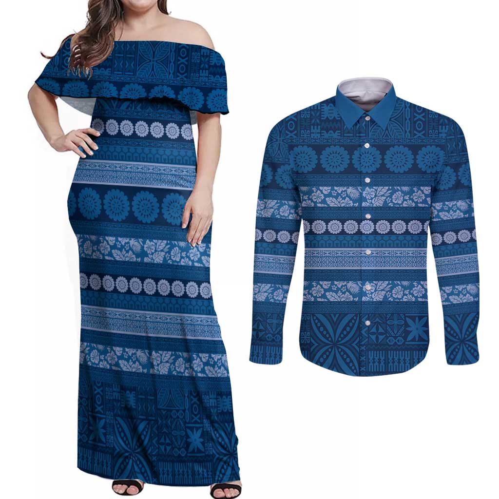 Fiji Marau na Kerisimasi Couples Matching Off Shoulder Maxi Dress and Long Sleeve Button Shirt Blue Tapa Masi Inspired Christmas - Polynesian Pride